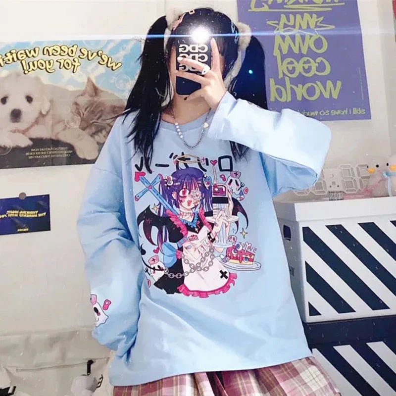 Harajuku Cartoon Print Loose T-Shirt - Autumn Streetwear Long Sleeve Top - Blue / S / CHINA - T-Shirts - Shirts & Tops