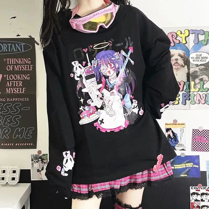 Harajuku Cartoon Print Loose T-Shirt - Autumn Streetwear Long Sleeve Top - T-Shirts - Shirts & Tops - 1 - 2024