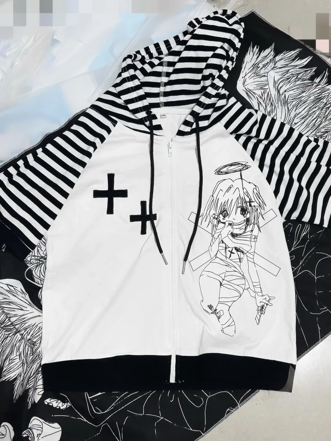 Striped Hooded T-Shirt – Harajuku Cartoon Print Loose Zip-Up Tee - T-Shirts - Hoodies - 2025 - 1 - Worldwide Shipping