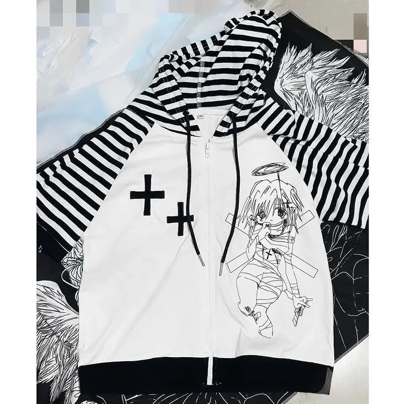 Striped Hooded T-Shirt – Harajuku Cartoon Print Loose Zip-Up Tee - White / S - T-Shirts - Hoodies - 2025 - 11