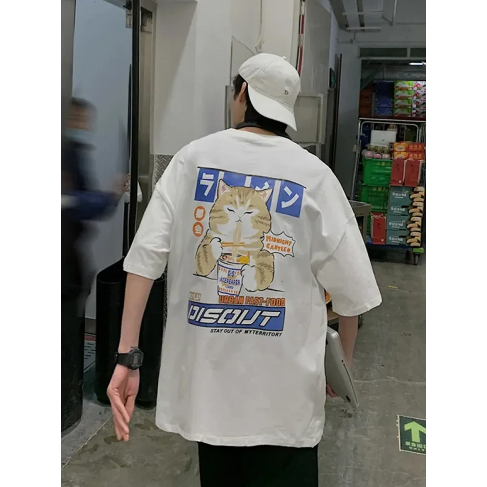 Harajuku Cat Eating Noodles Graphic Tee - T-Shirts - Long - Round - Men’s T-Shirts - 1