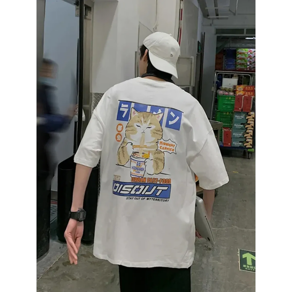 Harajuku Cat Eating Noodles Graphic Tee - T-Shirts - Long - Round - Men’s T-Shirts - 1