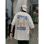 Harajuku Cat Eating Noodles Graphic Tee - T-Shirts - Long - Round - Men’s T-Shirts - 1