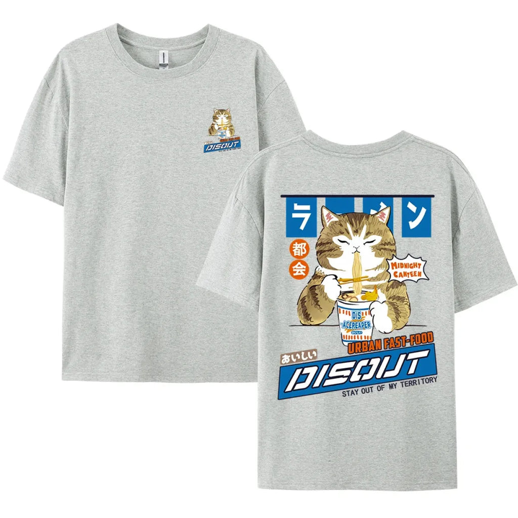 Harajuku Cat Eating Noodles Graphic Tee - T-Shirts - Long - Round - Men’s T-Shirts - 12