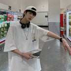 Harajuku Cat Eating Noodles Graphic Tee - T-Shirts - Long - Round - Men’s T-Shirts - 4