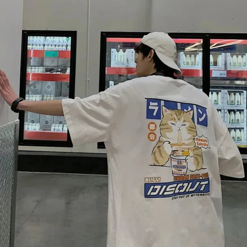 Harajuku Cat Eating Noodles Graphic Tee - T-Shirts - Long - Round - Men’s T-Shirts - 5