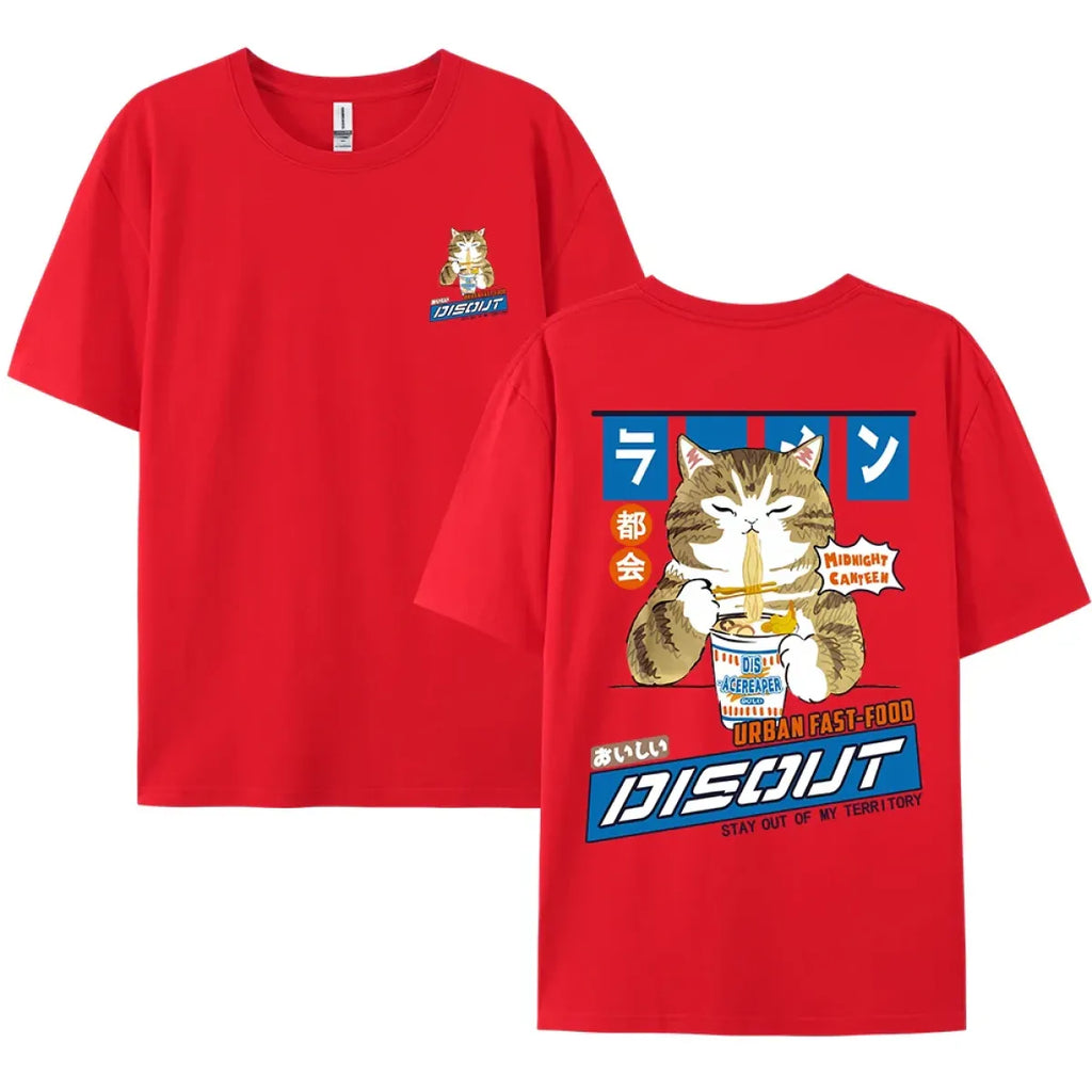 Harajuku Cat Eating Noodles Graphic Tee - T-Shirts - Long - Round - Men’s T-Shirts - 8