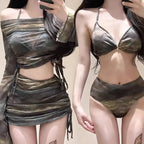 Dark Tie-Dye Off Shoulder Bikini Set – Harajuku Drawstring Mini Skirt - Bottoms - Long - Swimwear - 3