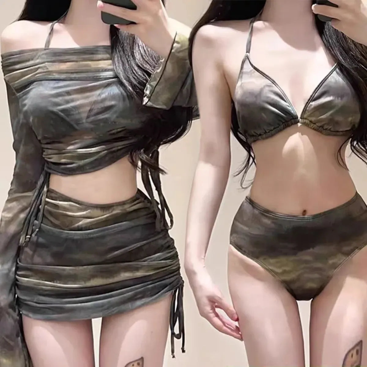 Dark Tie-Dye Off Shoulder Bikini Set – Harajuku Drawstring Mini Skirt - Bottoms - Long - Swimwear - 3