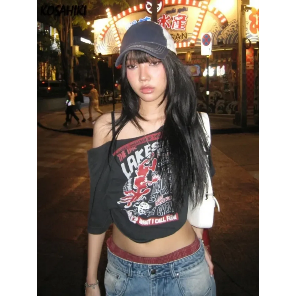 Harajuku Gothic Off-Shoulder T-Shirt - T-Shirts - Women T-shirts - 1