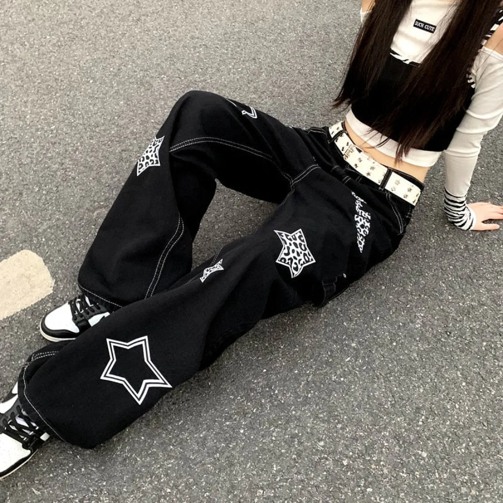 Harajuku-Inspired Retro Star Print Trousers - Bottoms - 1