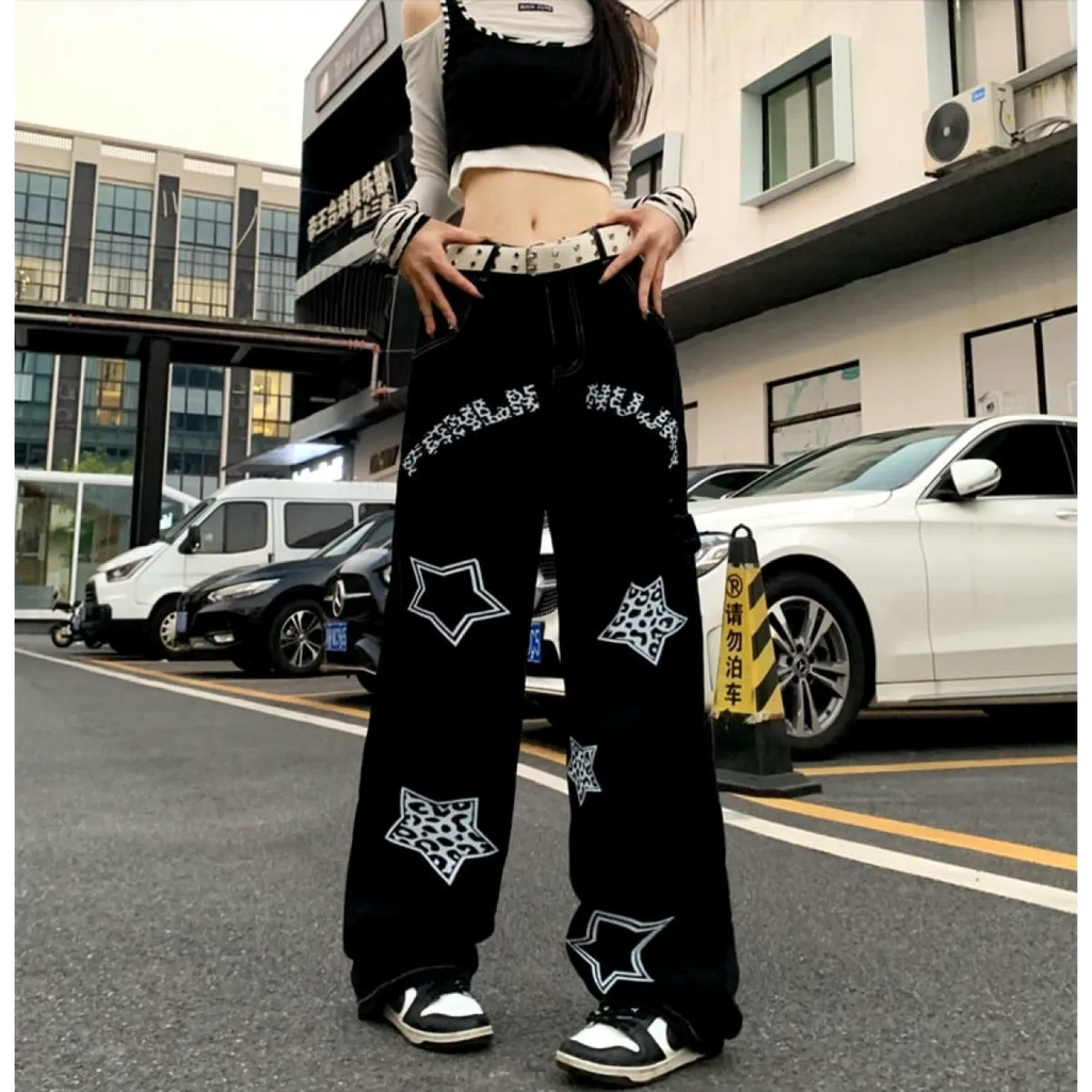 Harajuku-Inspired Retro Star Print Trousers - Bottoms - 2