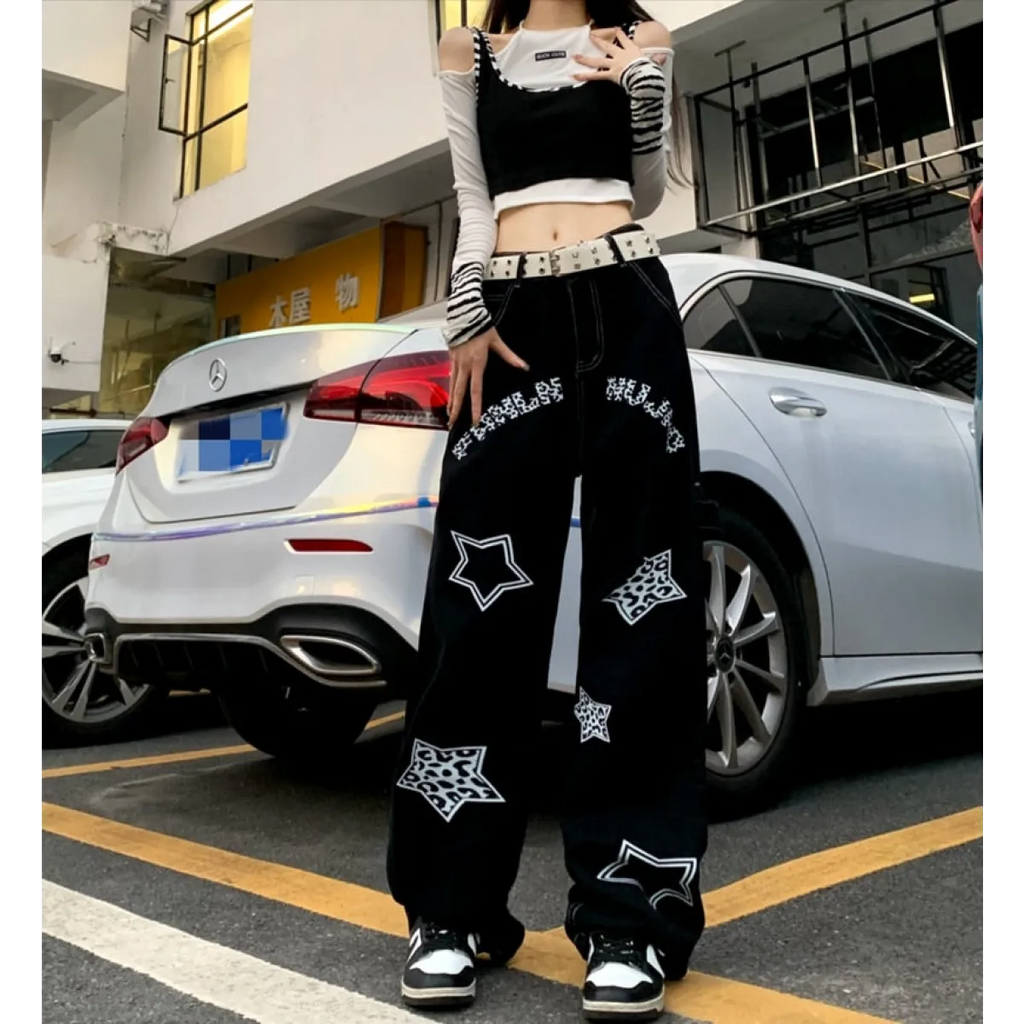 Harajuku-Inspired Retro Star Print Trousers - Bottoms - 3