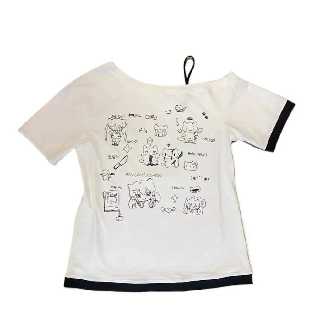 Harajuku Kawaii Cartoon Print Loose Tee – Gothic Sweet Style - T-Shirts - Short - Crew - T-Shirts - 1