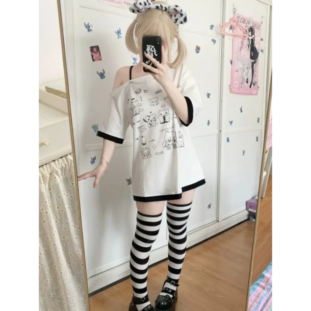 Harajuku Kawaii Cartoon Print Loose Tee – Gothic Sweet Style - T-Shirts - Short - Crew - T-Shirts - 5