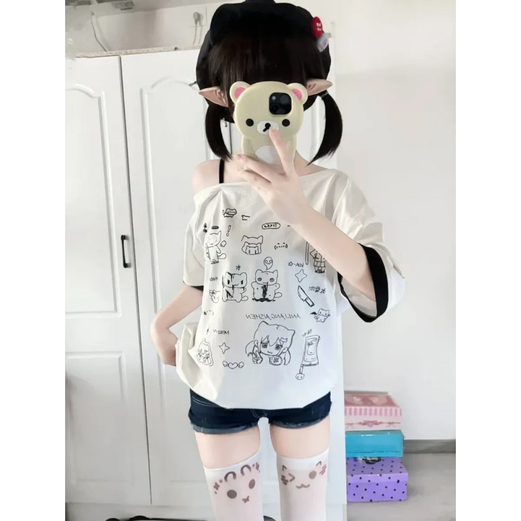 Harajuku Kawaii Cartoon Print Loose Tee – Gothic Sweet Style - T-Shirts - Short - Crew - T-Shirts - 6