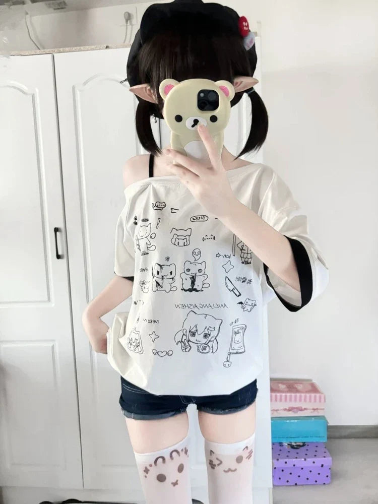 Harajuku Kawaii Cartoon Print Loose Tee – Gothic Sweet Style - T-Shirts - T-Shirts - 2025 - 6 - Worldwide Shipping