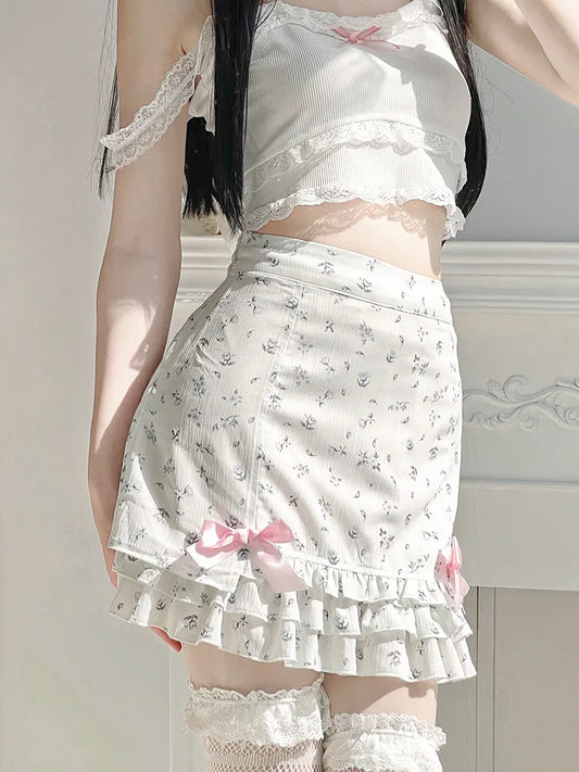 Harajuku Kawaii Fashion Dollcore Coquette Aesthetic Floral Chiffon Bow Skirt - Bottoms - Skirts - 1 - 2024