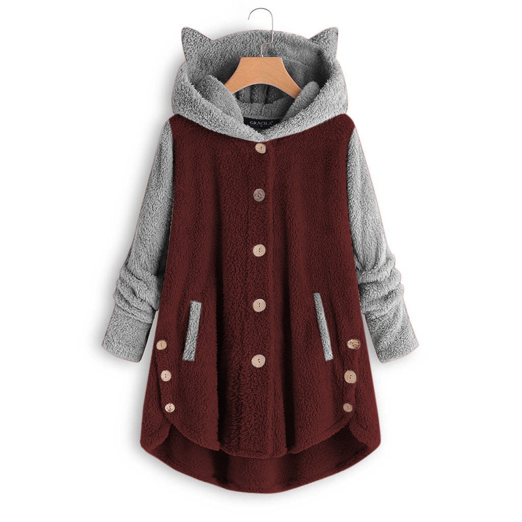 Harajuku Kitty Cat Fleece Hoodie - Dark Red / S - Women’s Clothing & Accessories - Shirts & Tops - 6 - 2024