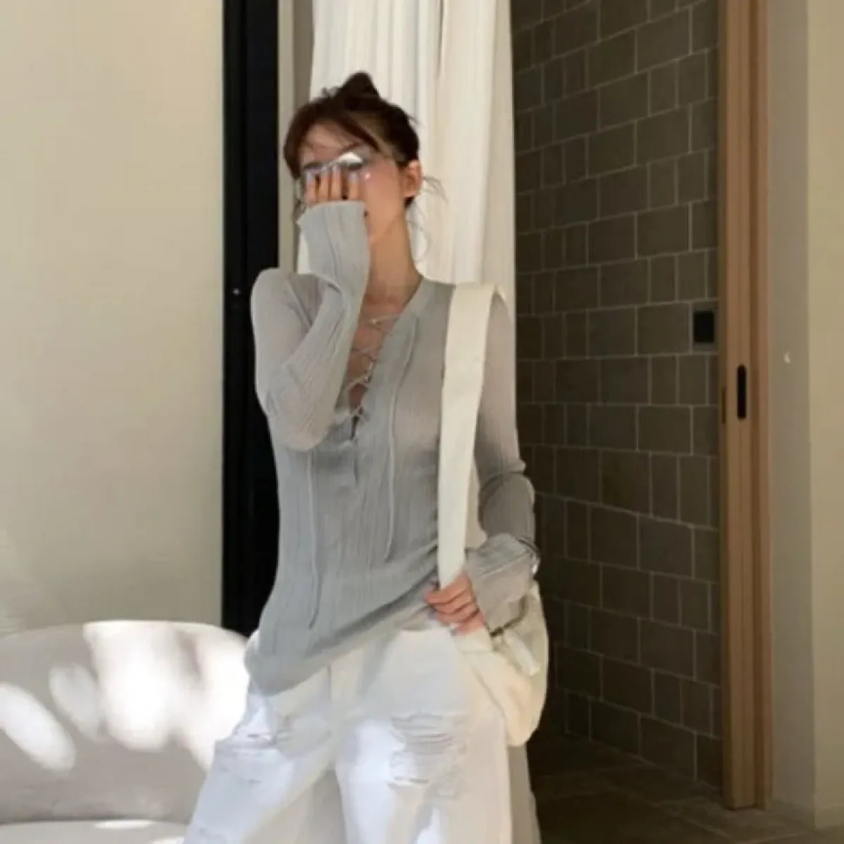 Glitter Lace-Up V-Neck Top – Y2K E-Girl Harajuku Knit Pullover - T-Shirts - Long - V-neck - Tops - 3