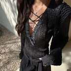 Glitter Lace-Up V-Neck Top – Y2K E-Girl Harajuku Knit Pullover - T-Shirts - Long - V-neck - Tops - 6