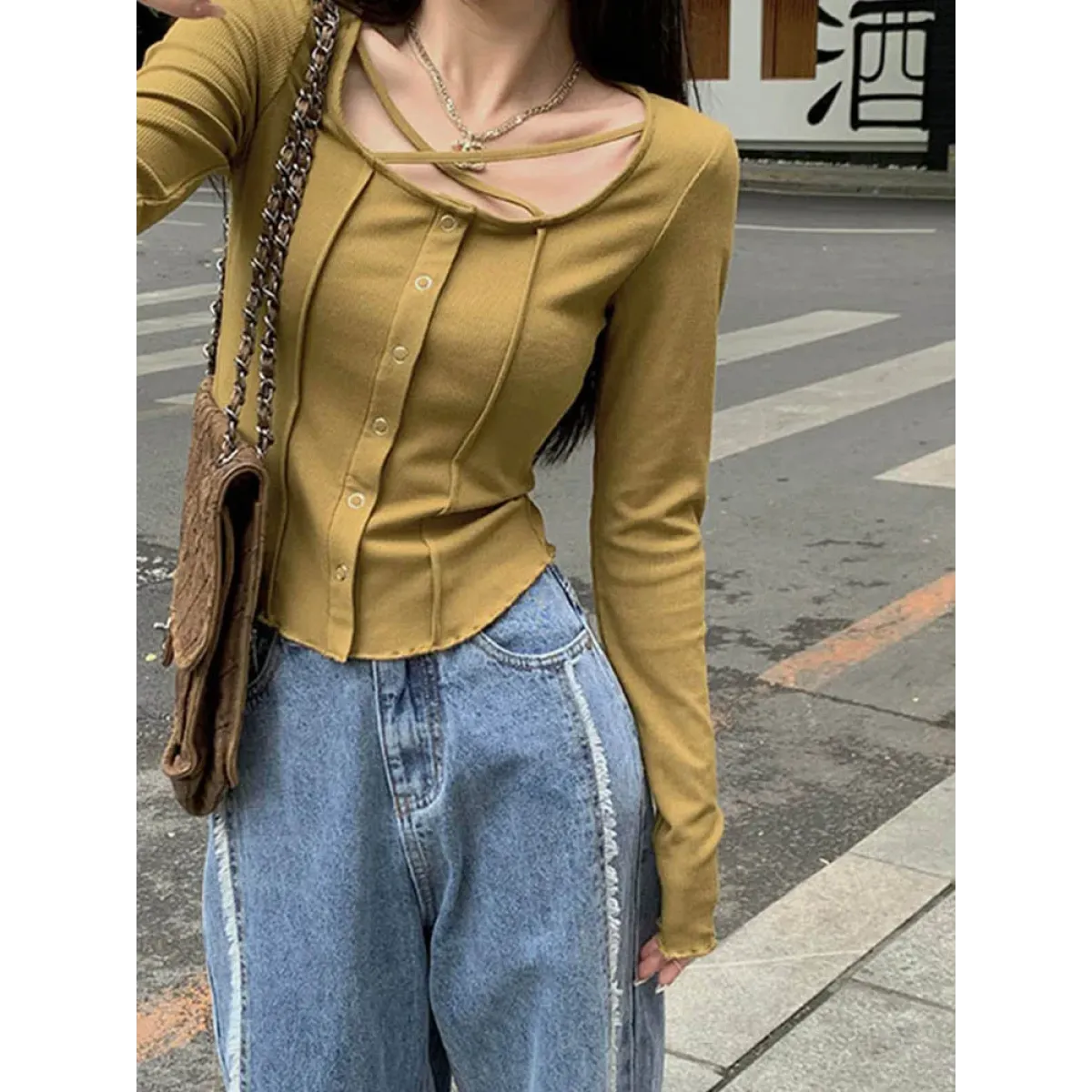 Harajuku Korean Style Slim Long Sleeve T-shirt - Sexy Streetwear Top - T-Shirts - 5