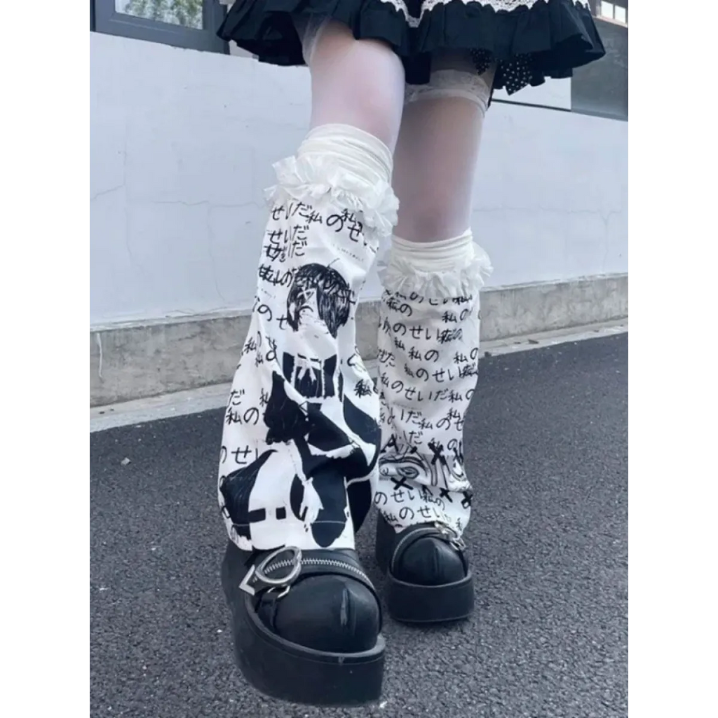 Black & White Harajuku Leg Warmers – Gothic Print & Lace Trim - Harajuku Style - Leg Warmers - 1