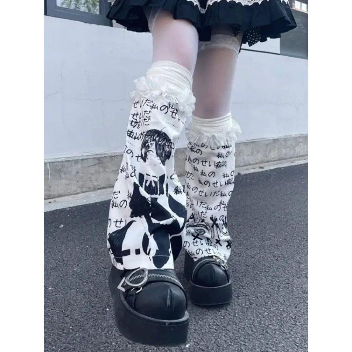 Black & White Harajuku Leg Warmers – Gothic Print & Lace Trim - Best Sellers - Leg Warmers - 1