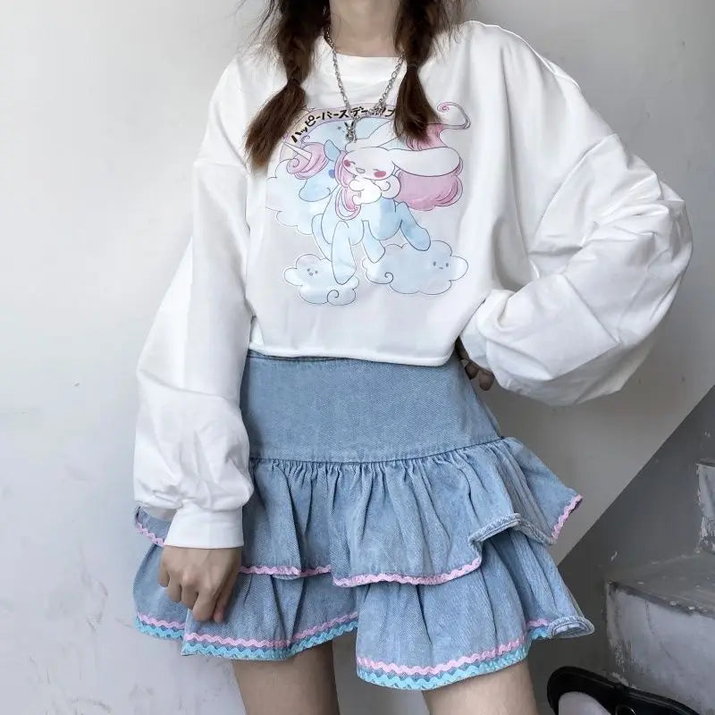 Harajuku Lolita Denim Skirt – Women’s High-Waist Tiered Mini Skirt - Bottoms - Skirts - 2024 - 4 - Worldwide Shipping