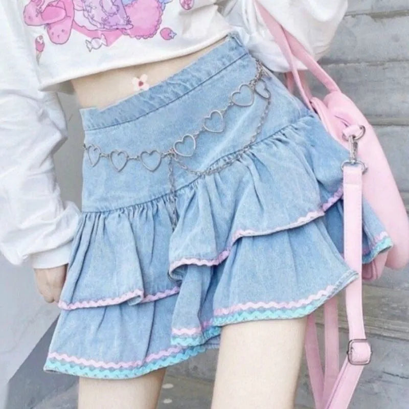 Harajuku Lolita Denim Skirt – Women’s High-Waist Tiered Mini Skirt - Skirt and Chain / XS - Bottoms - Skirts - 2024