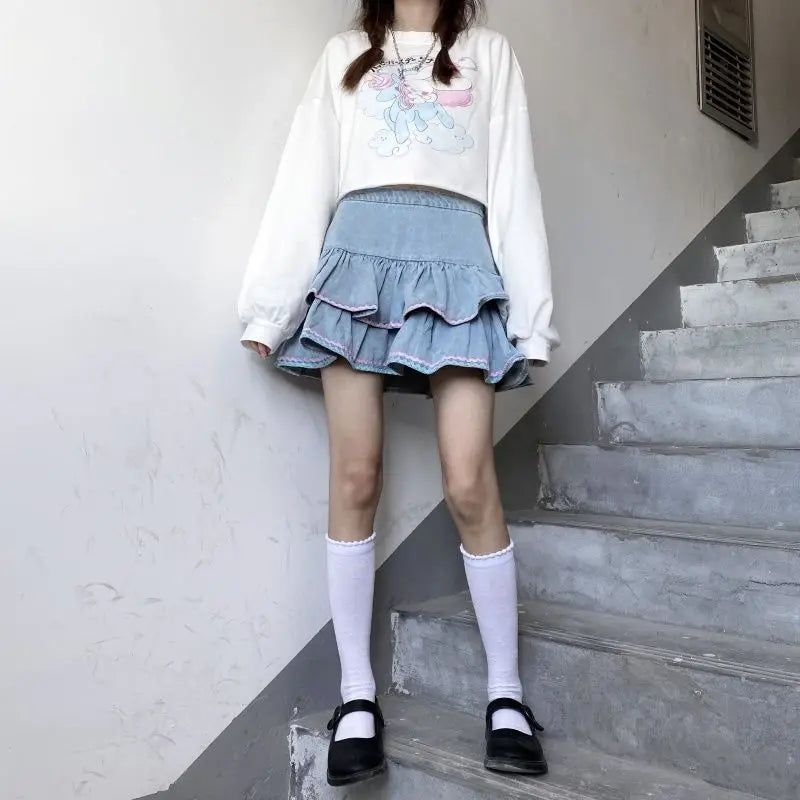 Harajuku Lolita Denim Skirt – Women’s High-Waist Tiered Mini Skirt - Bottoms - Skirts - 2024 - 2 - Worldwide Shipping