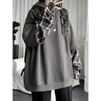 Harajuku Oversized Unisex Hoodie – Plaid Patchwork Grunge Style - Women’s Clothing & Accessories - Hooded - Unisex