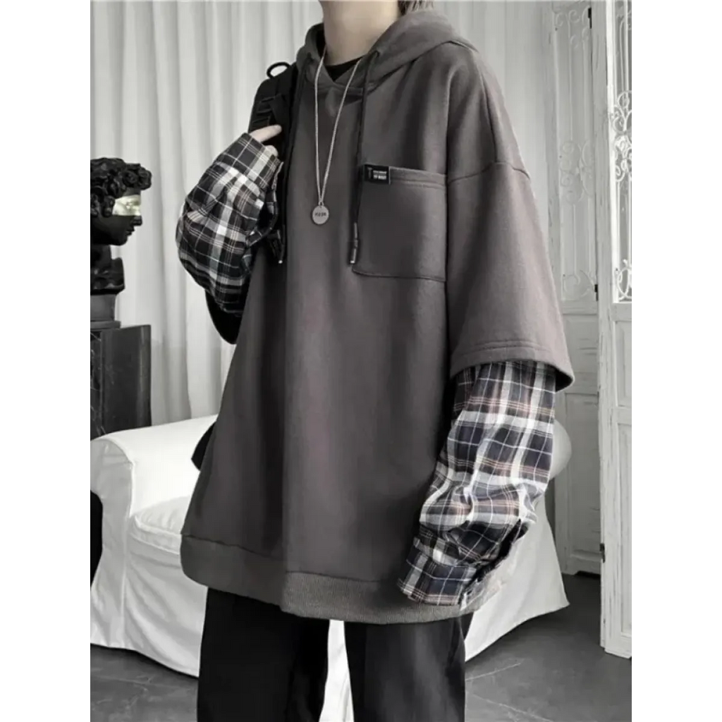 Harajuku Oversized Unisex Hoodie – Plaid Patchwork Grunge Style - Women’s Clothing & Accessories - Hooded - Unisex