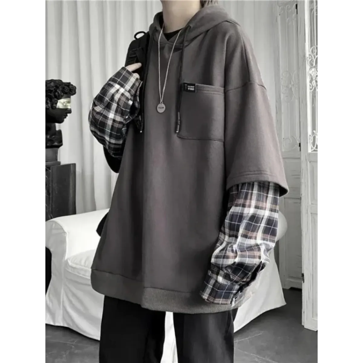 Harajuku Oversized Unisex Hoodie – Plaid Patchwork Grunge Style - Women’s Clothing & Accessories - Hooded - Unisex