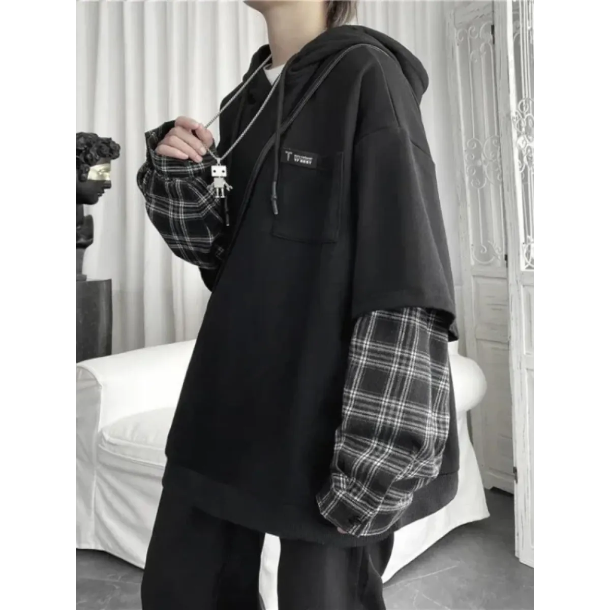 Harajuku Oversized Unisex Hoodie – Plaid Patchwork Grunge Style - Women’s Clothing & Accessories - Hooded - Unisex