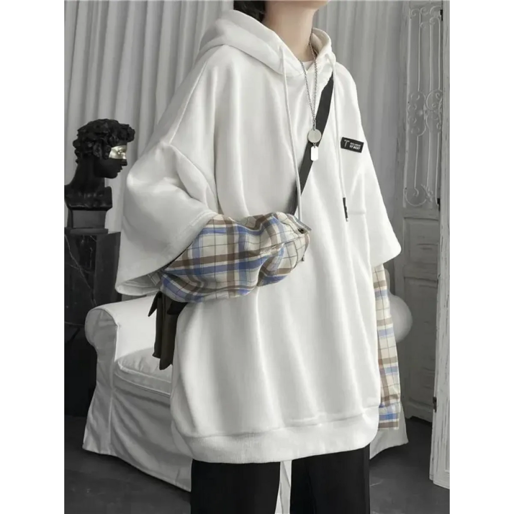 Harajuku Oversized Unisex Hoodie – Plaid Patchwork Grunge Style - Women’s Clothing & Accessories - Hooded - Unisex