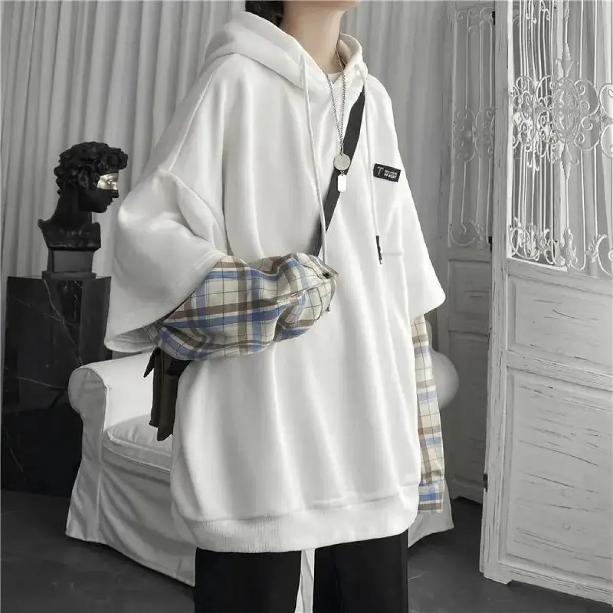 Harajuku Oversized Unisex Hoodie – Plaid Patchwork Grunge Style - Women’s Clothing & Accessories - Hooded - Unisex