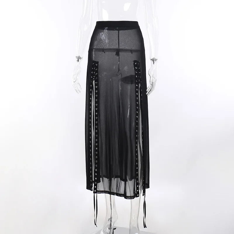 Harajuku Punk Hollow Out Y2K Skirt - Goth Grunge Patchwork Eyelet Long Skirt - Black / S - Bottoms - Skirts - 7 - 2024