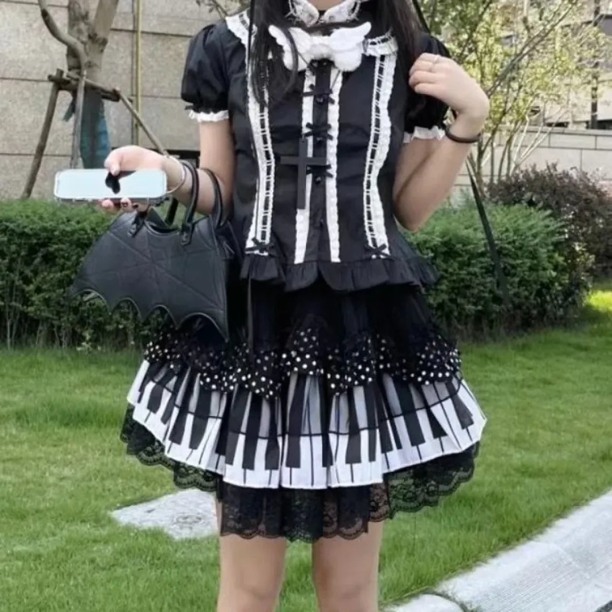 Piano Print Cake Skirt – Harajuku Punk Y2K Lace Trimmed - Bottoms - Short - Skirts - 1