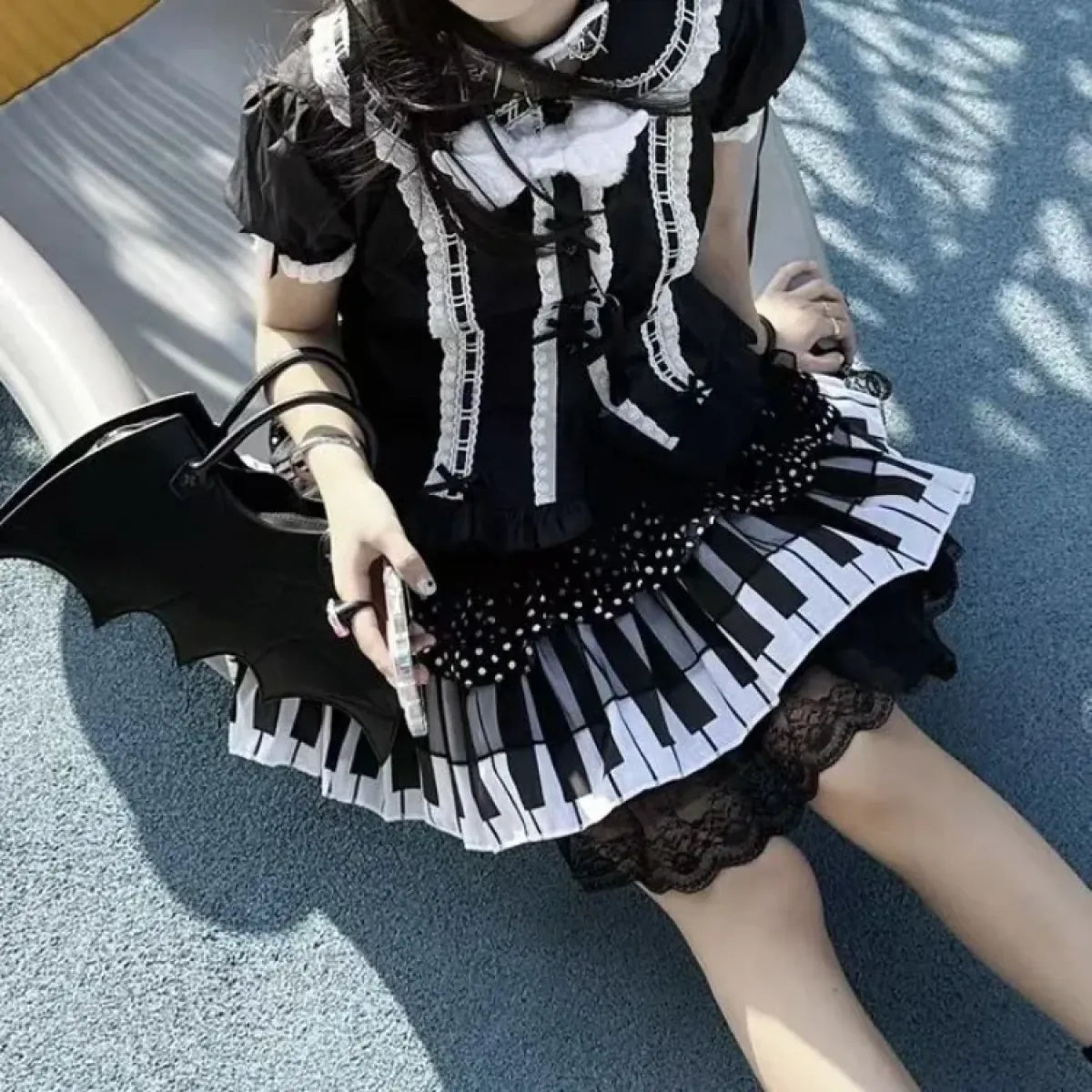 Piano Print Cake Skirt – Harajuku Punk Y2K Lace Trimmed - Bottoms - Short - Skirts - 2