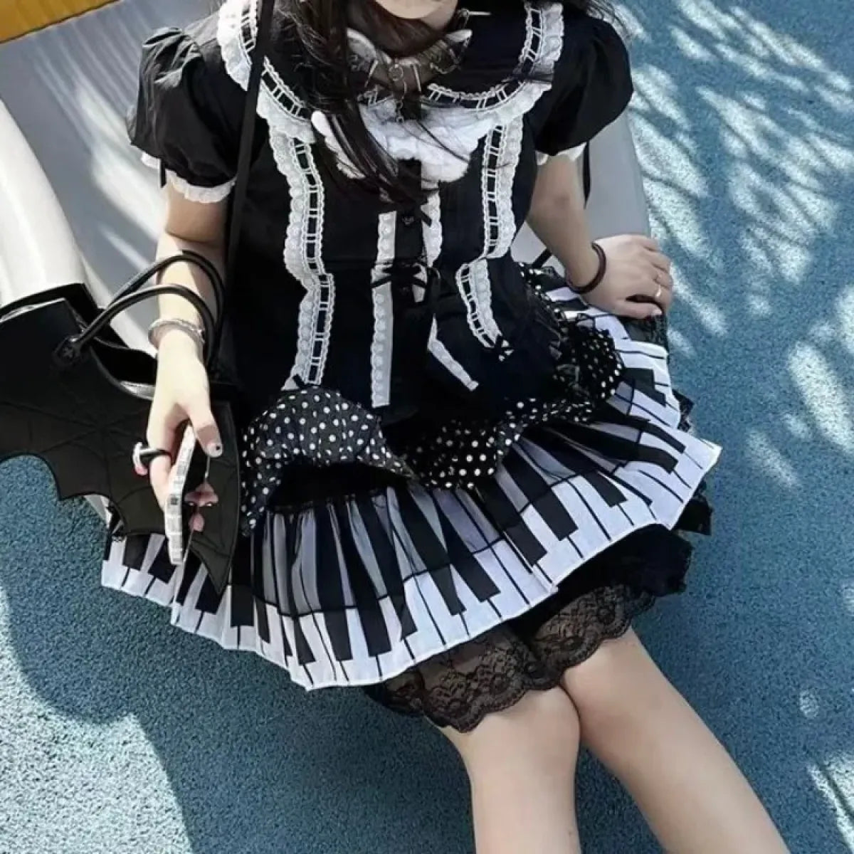 Piano Print Cake Skirt – Harajuku Punk Y2K Lace Trimmed - Bottoms - Short - Skirts - 3