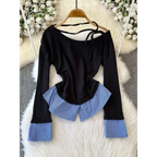 Off-Shoulder Plaid Patchwork Top – Harajuku Retro Style - T-Shirts - Long - Round - T-Shirts - 4