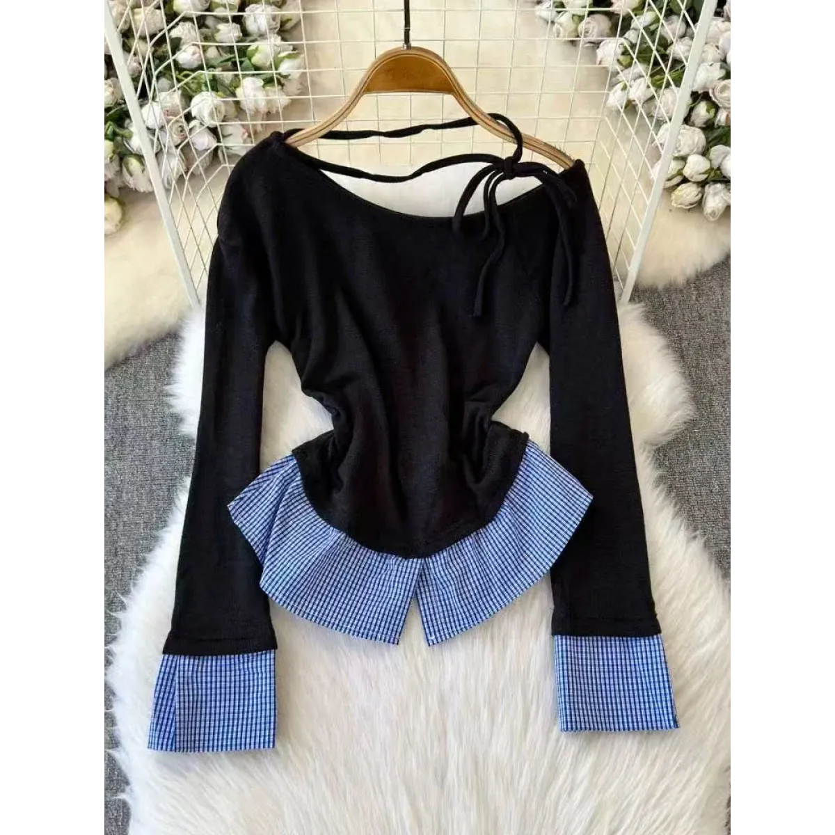 Off-Shoulder Plaid Patchwork Top – Harajuku Retro Style - T-Shirts - Long - Round - T-Shirts - 4