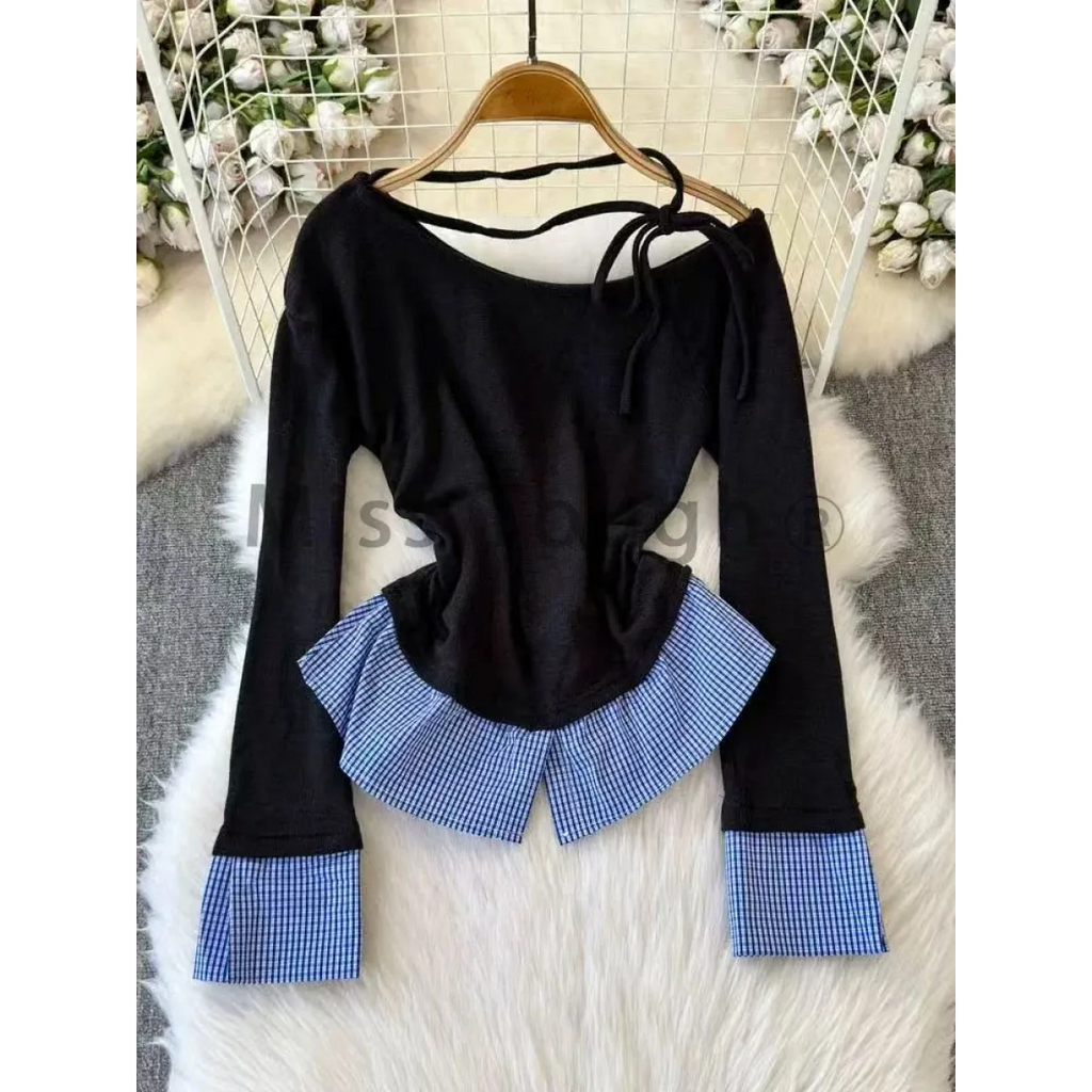 Off-Shoulder Plaid Patchwork Top – Harajuku Retro Style - T-Shirts - Long - Round - T-Shirts - 2