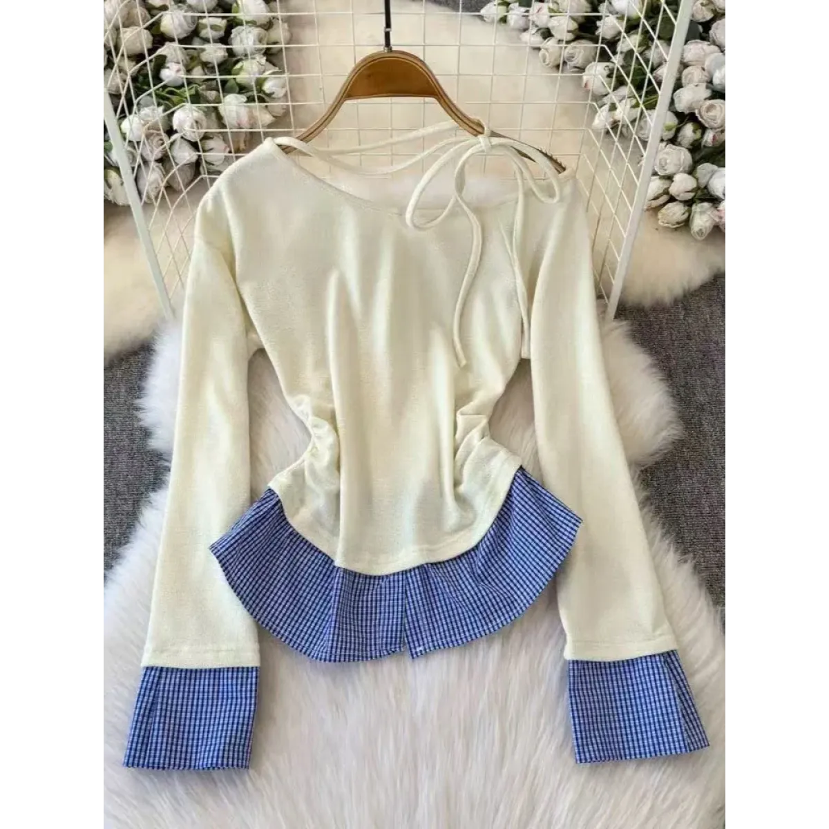 Off-Shoulder Plaid Patchwork Top – Harajuku Retro Style - T-Shirts - Long - Round - T-Shirts - 5