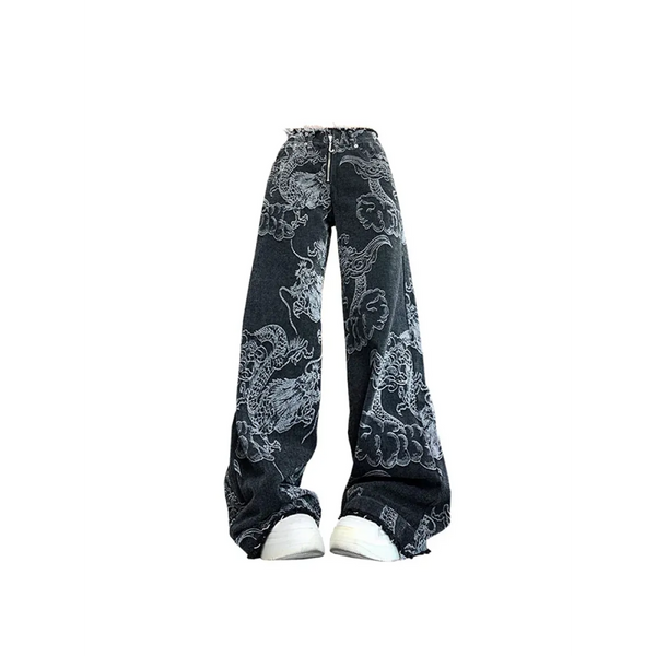 Gothic Dragon Print Baggy Jeans – Harajuku Y2K Aesthetic Denim - Bottoms - Women’s Jeans - 1