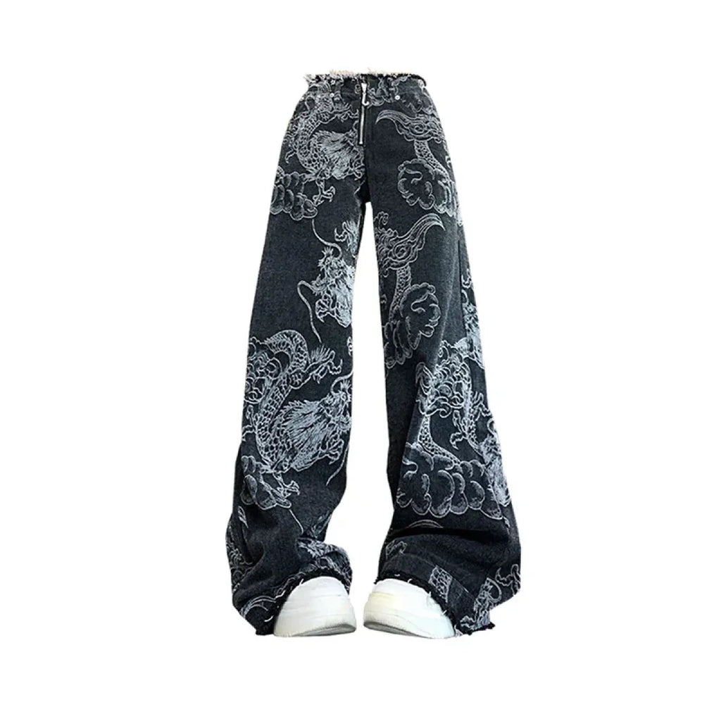 Gothic Dragon Print Baggy Jeans – Harajuku Y2K Aesthetic Denim - Bottoms - Women’s Jeans - 8