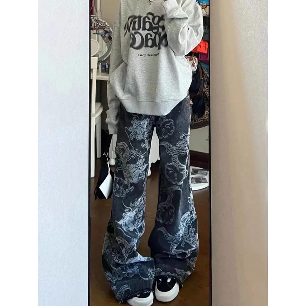 Gothic Dragon Print Baggy Jeans – Harajuku Y2K Aesthetic Denim - Bottoms - Women’s Jeans - 2
