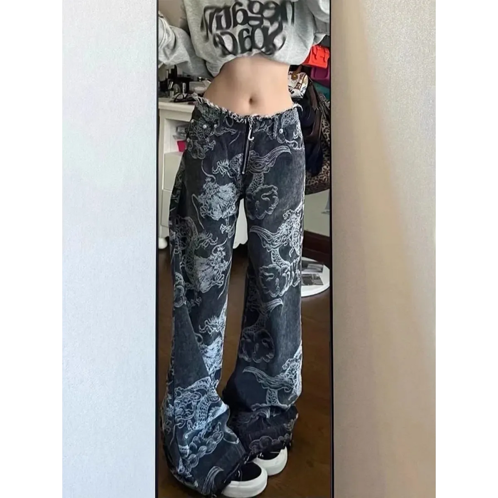 Gothic Dragon Print Baggy Jeans – Harajuku Y2K Aesthetic Denim - Bottoms - Women’s Jeans - 3