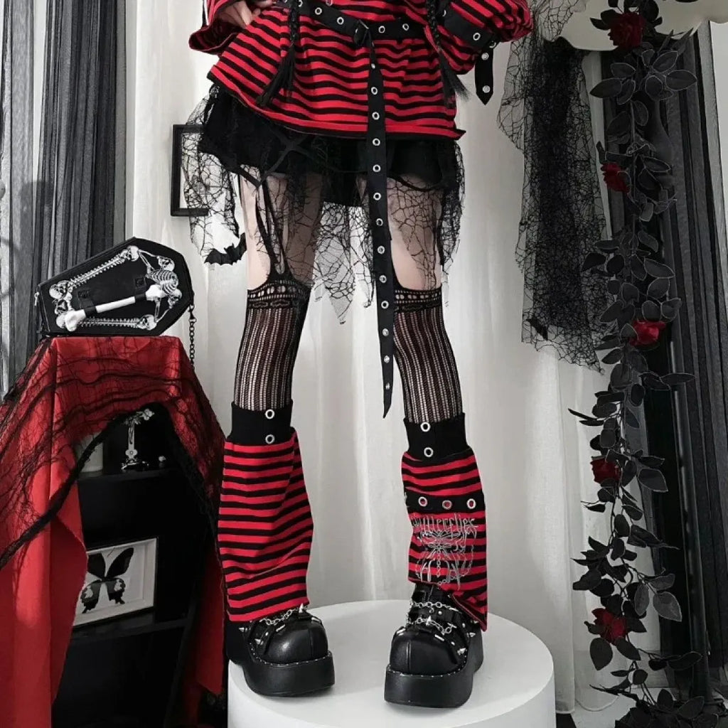 Striped Gothic Punk Top & Leg Warmers – Harajuku Y2K Grunge - Harajuku Style - Long - Asymmetric - Clothing Sets - 5